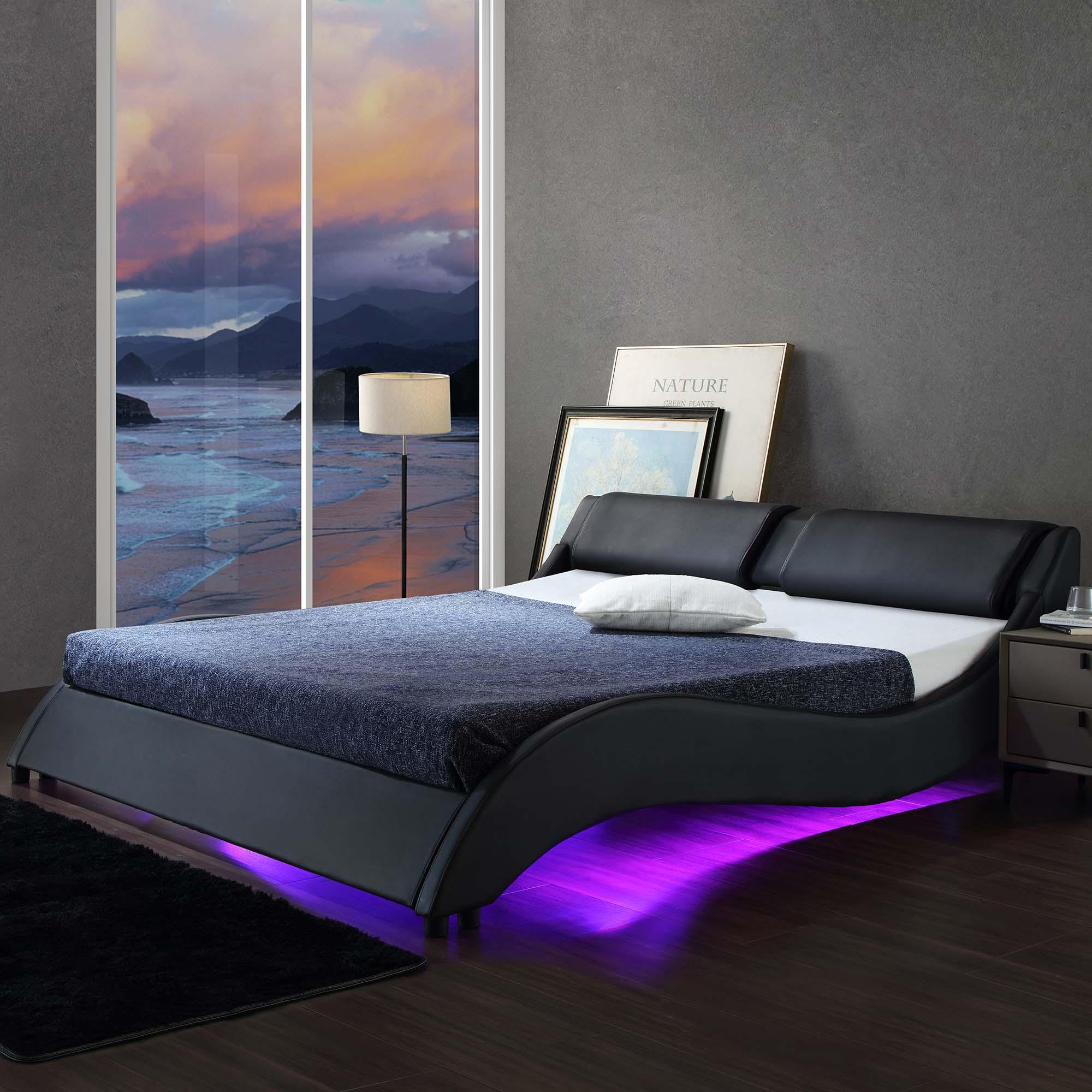 CORVUS Faux Leather Upholstered Bed Frame with Underbed LED Lights, Black