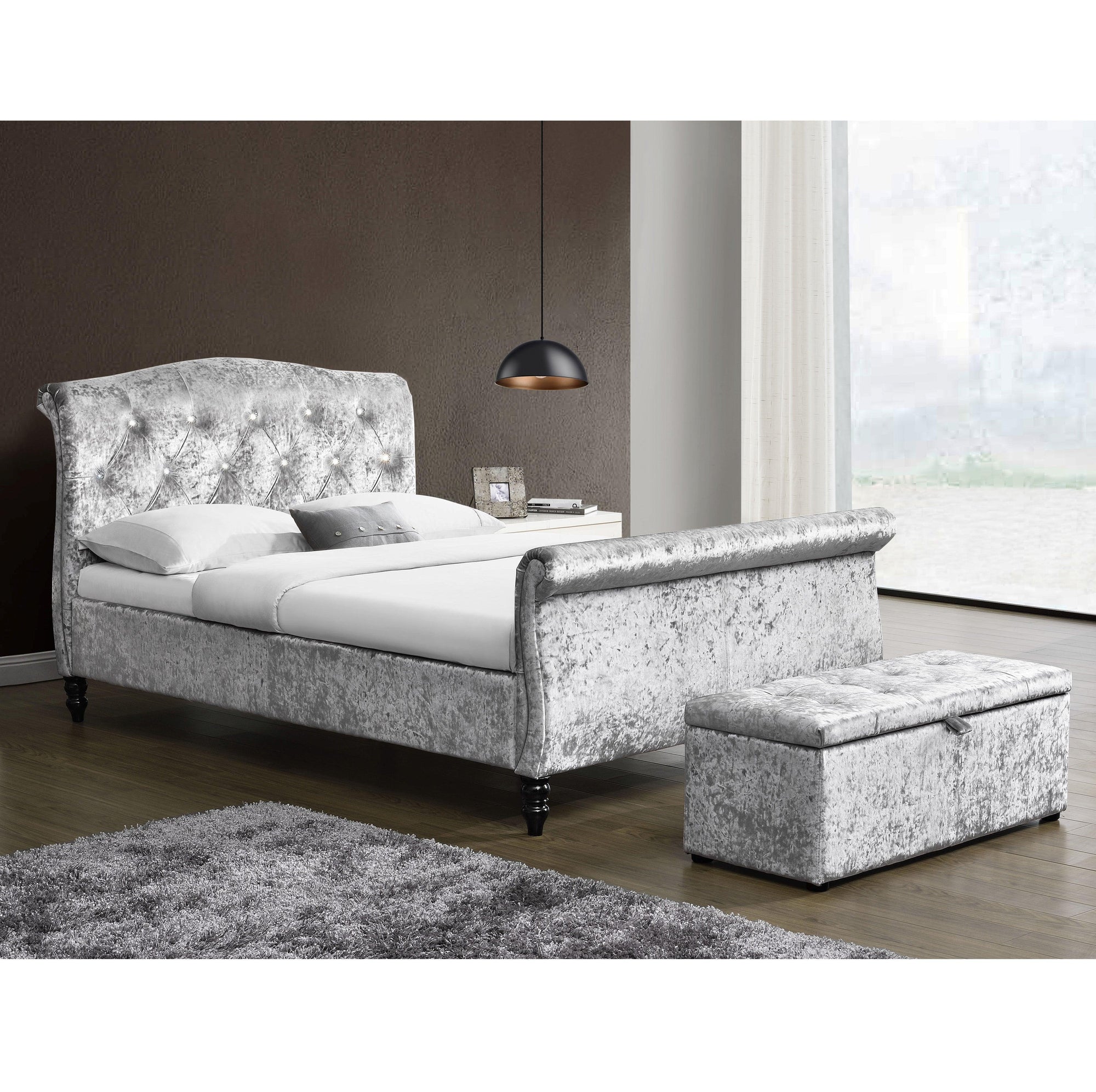 MEISSA Crushed Velvet Upholstered Sleigh Bed with Diamante Headboard, Silver