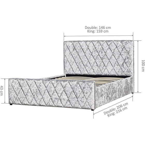 Hayden Crushed Velvet Side Lift Storage Ottoman Upholstered Bed Frame Silver