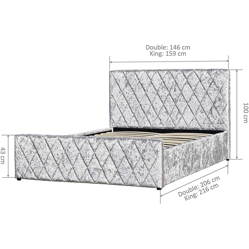 Hayden Crushed Velvet Side Lift Storage Ottoman Upholstered Bed Frame Silver
