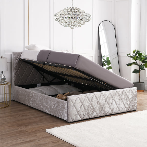 Hayden Crushed Velvet Side Lift Storage Ottoman Upholstered Bed Frame Silver