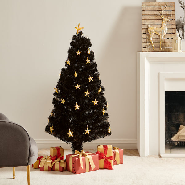 Fibre Optic Artificial Black Pine Christmas Tree with Pre-lit Warm White LED Lights (4ft to 6ft)