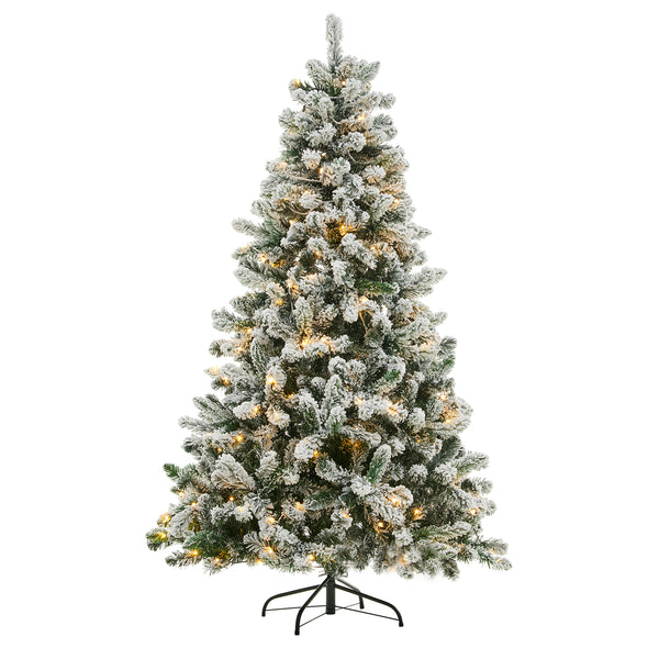 Snowy Frosted Artificial Pines Christmas Tree with Pre-lit Warm White LED Lights (5ft to 7ft)