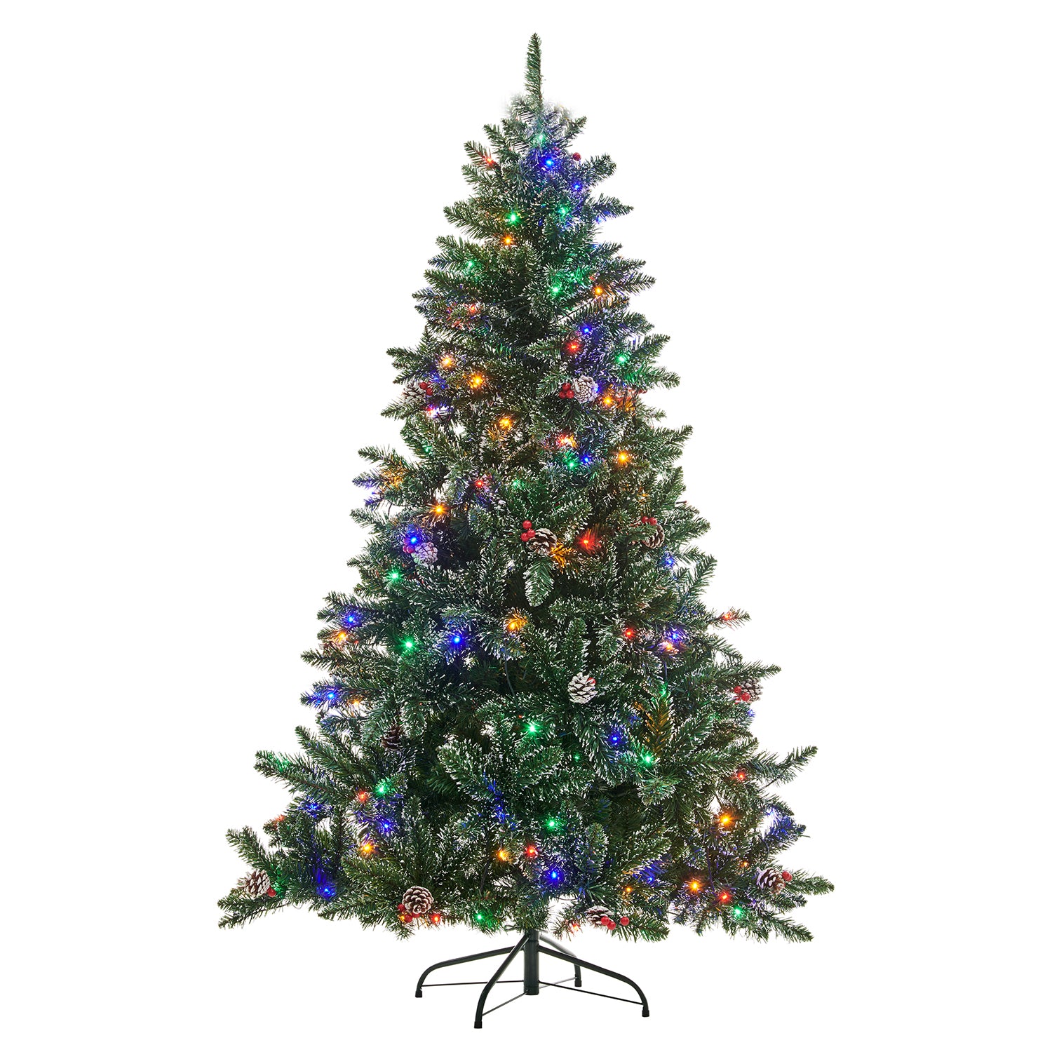 Snow Tipped Frosted Artificial Pines & Berries Christmas Tree with Pre-lit Multi-colour LED Lights (5ft to 8ft)