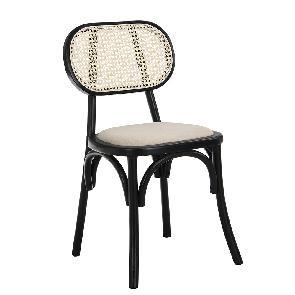 Anya Set of 2 Cane Rattan and Upholstered Dining Chairs, Black Colour