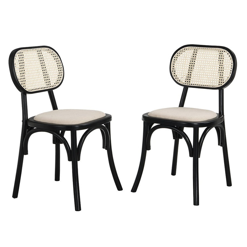 Anya Set of 2 Cane Rattan and Upholstered Dining Chairs, Black Colour - daals