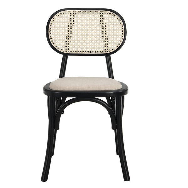 Anya Set of 2 Cane Rattan and Upholstered Dining Chairs, Black Colour