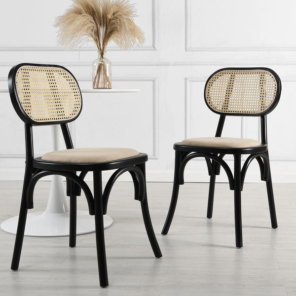 Anya Set of 2 Cane Rattan and Upholstered Dining Chairs, Black Colour