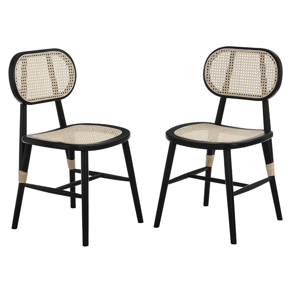 Anya+ Set of 2 Cane Rattan and Upholstered Dining Chairs, Black Colour