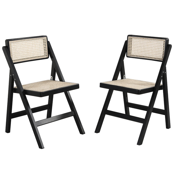 Frances Set of 2 Folding Cane Rattan Chairs, Black Colour