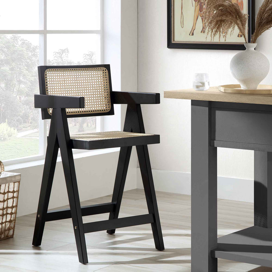 Jeanne Black Colour Cane Rattan Solid Beech Wood Counter Stool