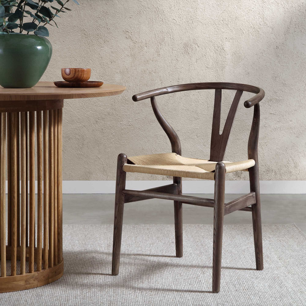 Hansel Wooden Natural Weave Wishbone Dining Chair, Dark Walnut Colour