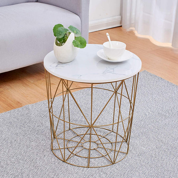 Cherry Tree Furniture KORAM Marble Effect Top Basket Side Table Golden Geometric Wire Frame End Table