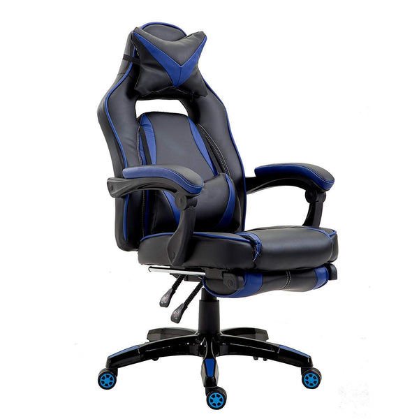High Back Recliner Gaming Swivel Chair with Footrest & Adjustable Lumbar & Head Cushion, MR49 Black & Blue - daals