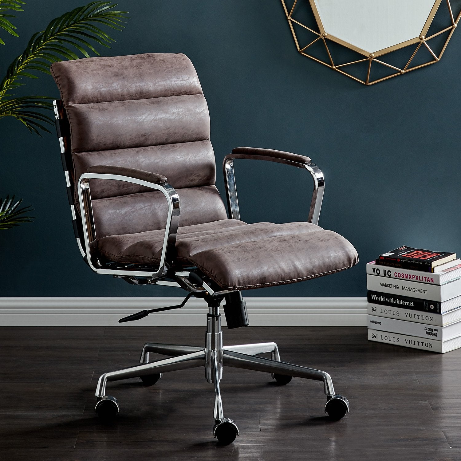 Kingston Vintage Effect Faux Leather Office Chair with Chrome Frame and Aluminium Base Brown